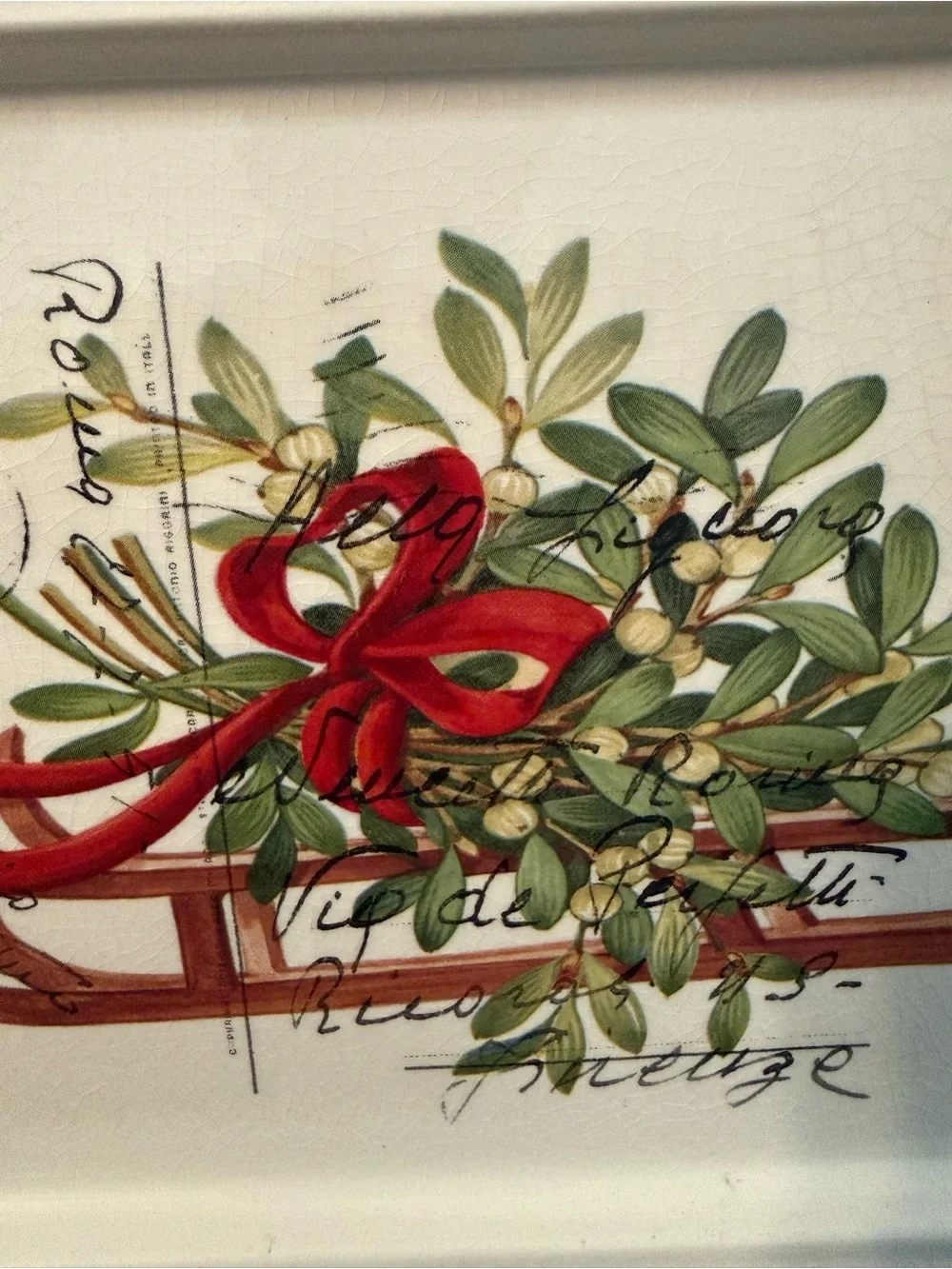 Holiday Sled rectangular Ceramic Tray with vintage postcard image